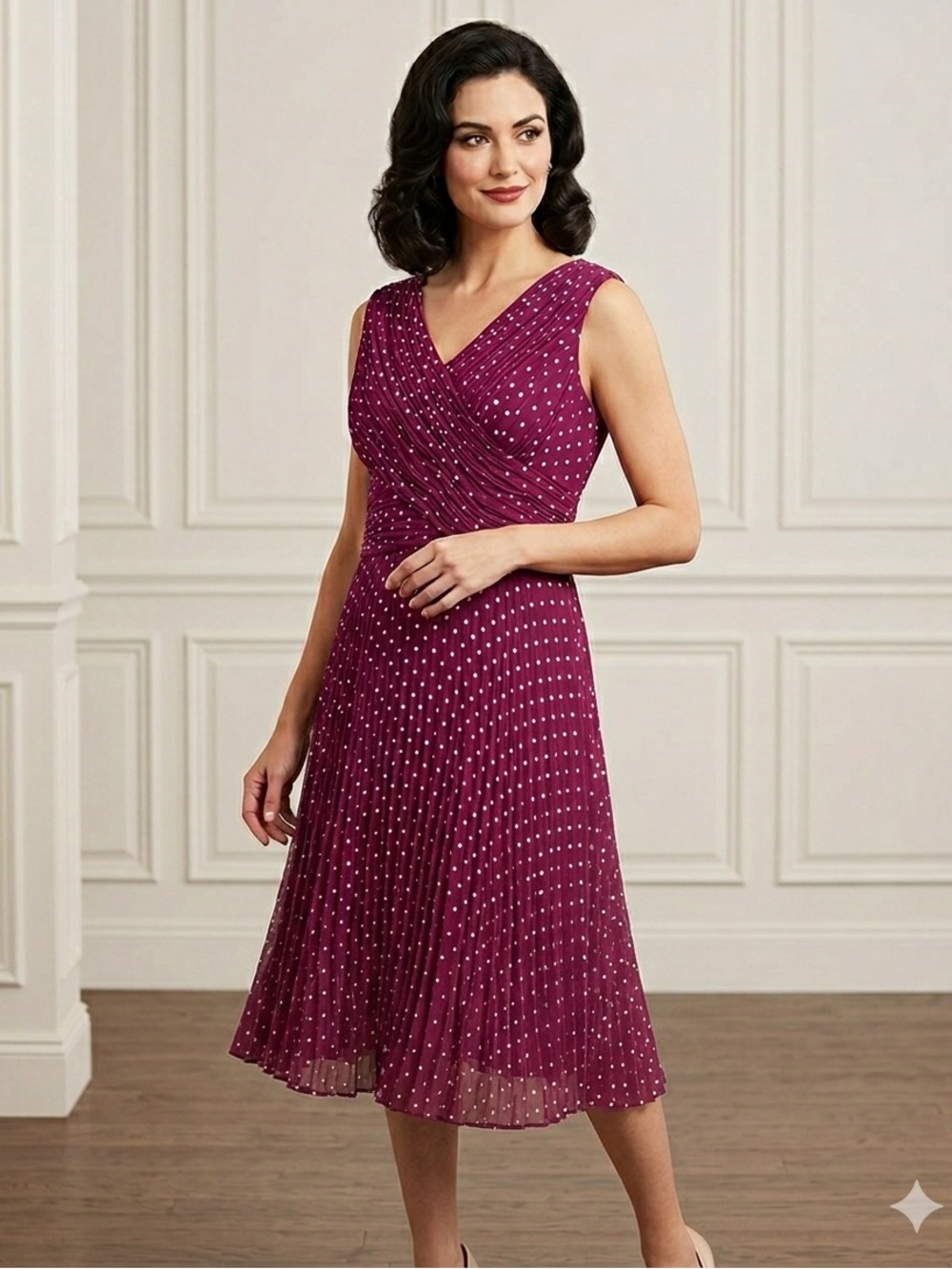 Jacques Vert Sleeveless Plum Polka Dot Pleated Midi Dress
